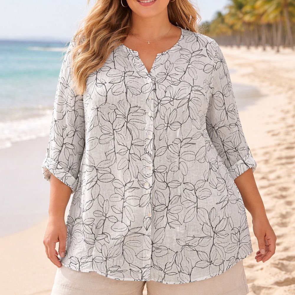 NWT Cynthia Rowley 100% Linen Black and White Floral Print Top Blouse Size 3X